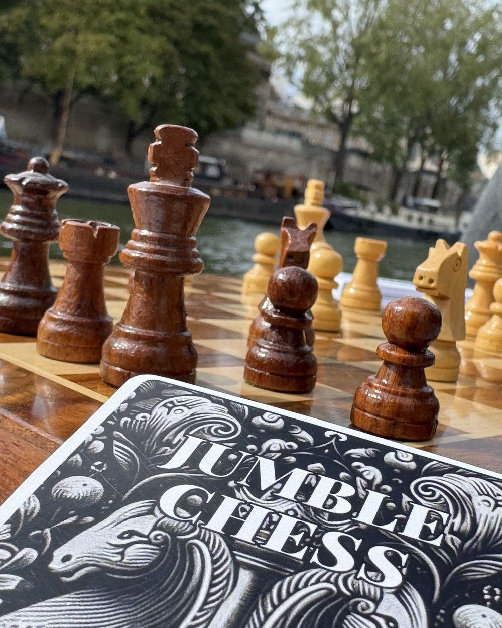 Dos illustré d’une carte Jumble Chess devant des pièces d’échecs en bois
