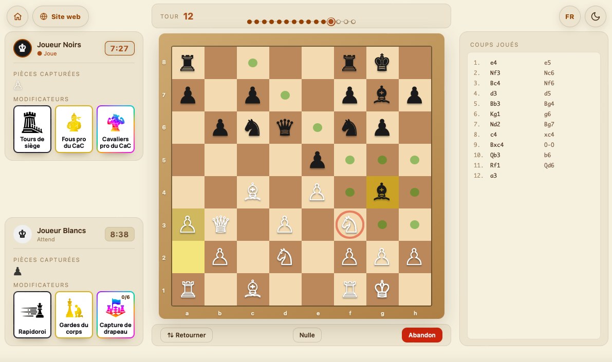 Capture d'écran de Jumble Chess en ligne : échiquier et modificateurs actifs