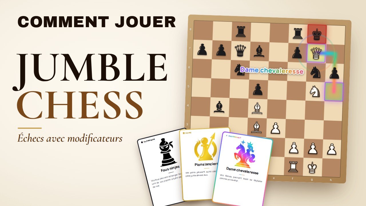 Miniature de la vidéo « Comment jouer à Jumble Chess » : un échiquier et les cartes Fous ninjas, Pions lanciers et Dame chevaleresse